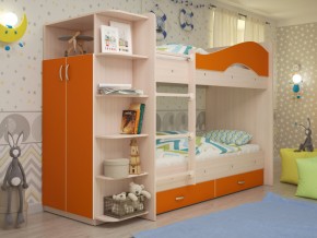 Кровать 2-х ярусная Мая с ящиками и шкафом на латофлексах оранж в Снежинске - snezhinsk.mebel74.com | фото