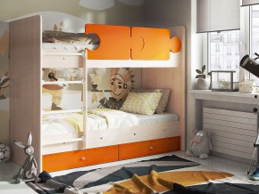 Кровать двухъярусная Тетрис латы с бортиками дуб млечный-оранжевый в Снежинске - snezhinsk.mebel74.com | фото 1